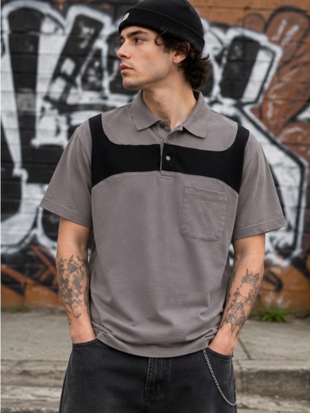 Vintage Scandia Woods Mens Large Gray Black Colorblock Short Sleeve Polo Shirt